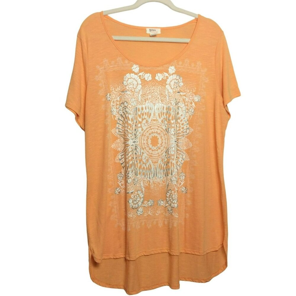 Madison & Berkeley‎ Women's 2X Orange Short Sleeve Graphic Top Blouse Boho Flowy